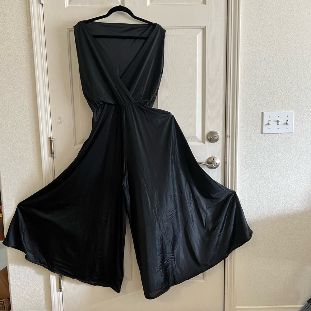 Vtg 70s Cattani of California Blk Sleeveless Nylon Wide Leg Jumpsuit Goth Sz Lg‎